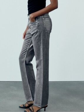 Zara Gray Metallic Straight Leg Jeans - Washed Charcoal Finish